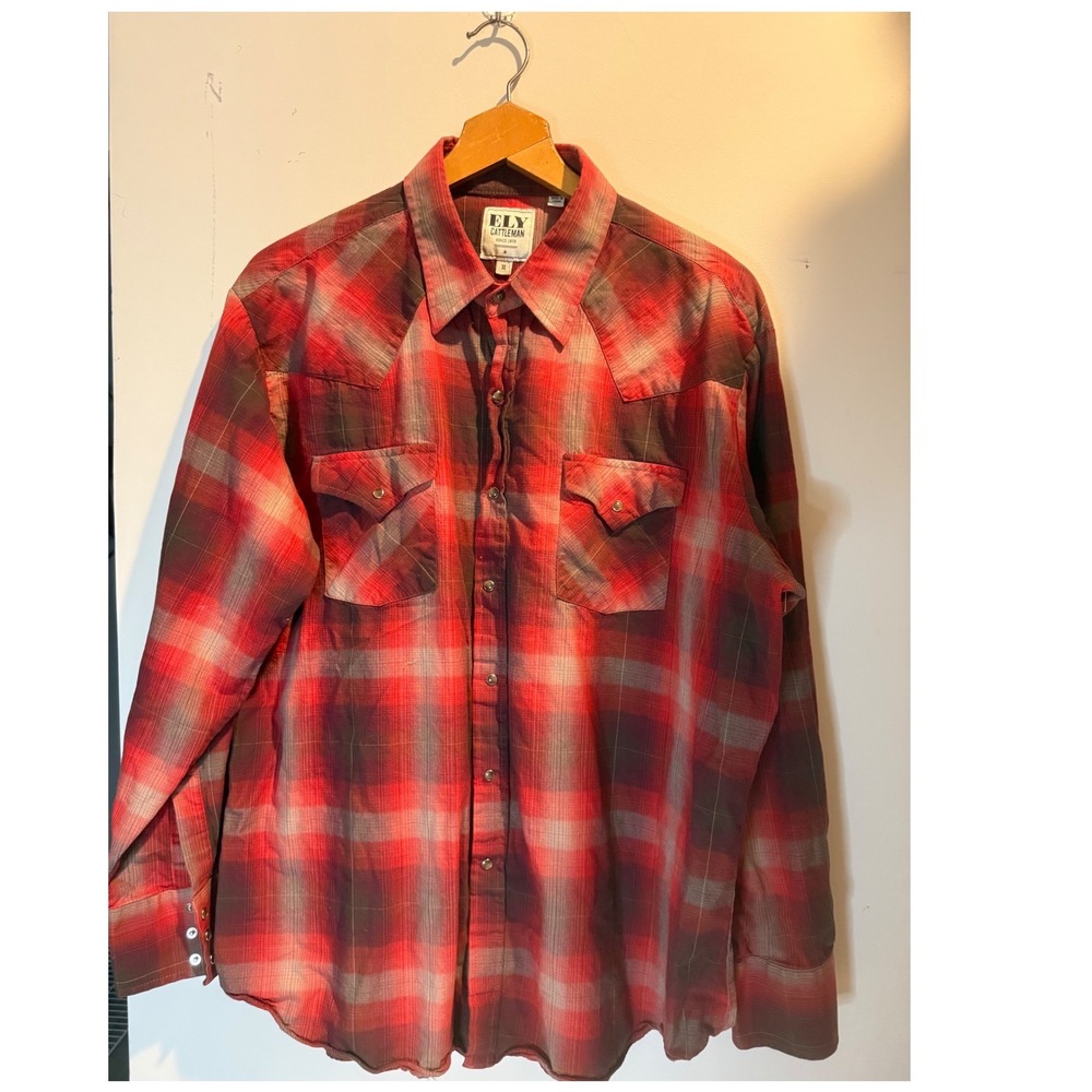 Ely Cattleman Mens XL Red Grey Ombre Plaid Pearl Snap Western Shirt
